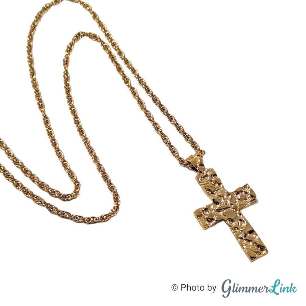 Religious Nugget Cross Gold Tone Textured Pendant Rope Chain Necklace